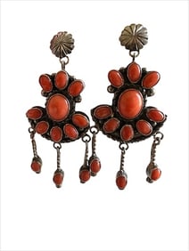 Handmade Old Pawn Apple Coral Sterling Silver & Post Dangle Earrings, signed and stamped Sterling