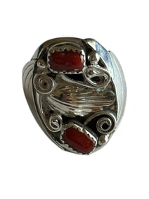Old Pawn Red Coral and Sterling Silver Ring, signed and stamped Sterling