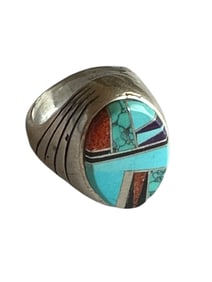 Old Pawn Vintage Navajo Calvin Begay Sterling Silver Inlay Ring size 8.