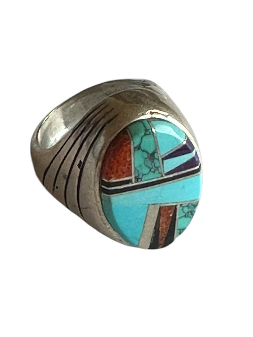 Old Pawn Vintage Navajo Calvin Begay Sterling Silver Inlay Ring size 8.: This great ring is Multi Stones set in Sterling Silver. This ring is signed by the artist and has been tested to be sterling silver. Measurements of this ring are 1 inch by 3/4 of an inch. Weight is 1