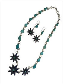 Old Pawn Vintage Zuni Lapis and Turquoise Flower Necklace and Earring Set