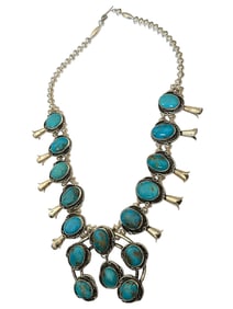 Old Pawn Gilbert Nez Vintage Kingman Turquoise and Sterling Silver Squash Blossom Necklace