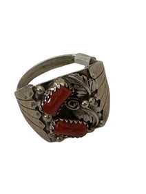 Old Pawn Two Stone Leaf Design Red Coral and Sterling Silver Ring, Size 13. Signed and Stamped