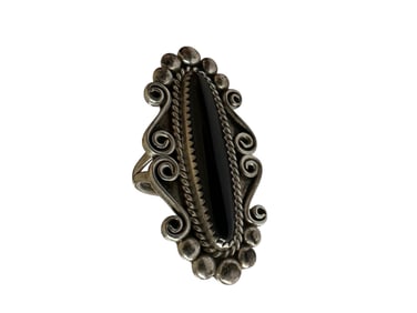 Old Pawn Onyx and Sterling Silver Ring, Size 7.25 Signed and Stamped Sterling