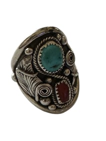 Old Pawn Turquoise, Red Coral and Sterling Silver Ring, Size 10