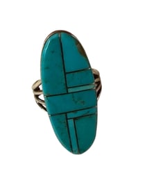 Old Pawn Turquoise and Sterling Silver Inlay Ring, Size 8.75 Signed and Stamped Sterling