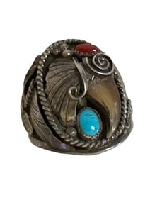 Old Pawn Navajo Sterling Silver, Turquoise & Red Coral Claw Ring Size 11.5 Signed and Stamped
