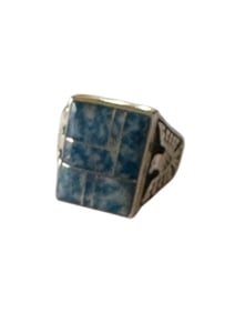Old Pawn Lapis and Sterling Silver Inlay Ring, Size 11 Signed and Stamped Sterling