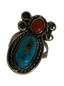 Old Pawn Turquoise, Red Coral and Sterling Silver Ring, Size 9