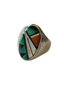 Old Pawn Zuni Multistone and Sterling Silver Inlay Ring Size 11.5 Signed and Stamped Sterling Silver