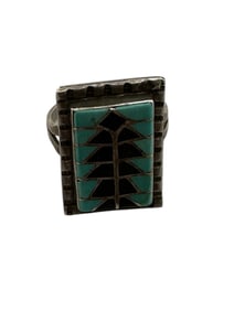 Old Pawn Turquoise, Lapis and Sterling Silver Inlay Ring, Size 7 Signed and Stamped Sterling