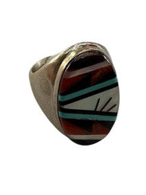 Old Pawn Multistone and Sterling Silver Inlay Ring Size 10.25 Signed and Stamped Sterling Silver