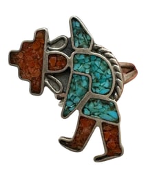 Old Pawn Kachina Turquoise, Red Coral and Sterling Silver Inlay Ring, Size 6
