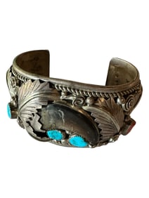 Old Pawn Vintage Kingman Turquoise and Coral Claw Bracelet