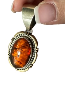 Old Pawn Amber and Sterling Silver Pendant, Signed and Stamped Sterling Silver