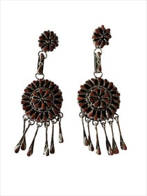 Old Pawn Zuni Red Coral & Sterling Silver Needle Point Dangle Earrings, Signed