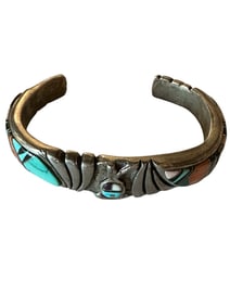 Old Pawn Multistone Inlay and Sterling Silver Bracelet, Signed and Stamped Sterling Silver