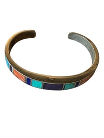 Old Pawn Multistone Inlay and Sterling Silver Bracelet, Signed and Stamped Sterling Silver