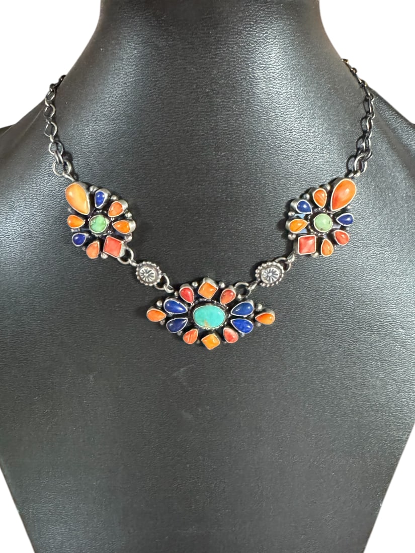 Navajo made multi stone sterling silver 14" choker necklace (1 of 5)