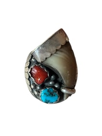 Navajo Kingman turquoise, coral, claw sterling silver ring size 9.5