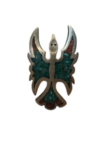 Navajo made turquoise and coral chip inlay water bird sterling silver size 6