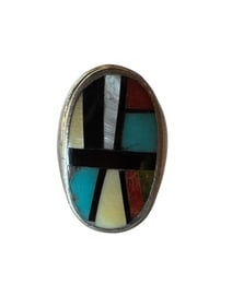 Navajo made Vintage sterling silver men's ring size 12 with mother of pearl, coral, turquoise and