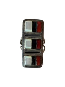 Zuni vintage Coral, onyx, and mother of pearl sterling silver ring size 7.