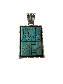 Navajo Kingman turquoise & opal inlay sterling silver pendant.