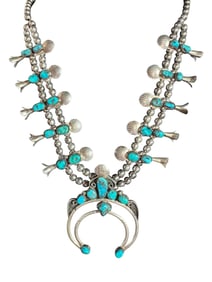 Natural Kingman Turquoise and Sterling silver Navajo Squash blossom necklace