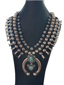 Coin and Sterling silver Turquoise squash blossom necklace made by James McCabe