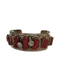Zuni natural Coral and Turquoise Sterling silver cuff made by Jude Candelaria