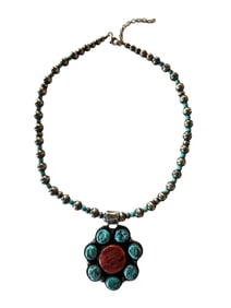 Navajo made Kingsman Turquoise and red Spiny sterling silver necklace