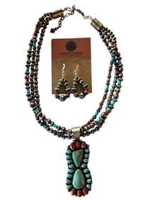 Turquoise and red spiny Navajo made sterling silver necklace set