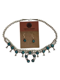 Navajo Kingman turquoise mini squash blossom sterling silver necklace set