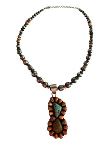 Sheila Navajo Royston Turquoise Orange spiny oyster and sterling silver necklace