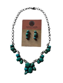 Dee Tom Navajo Kingman Turquoise and Sterling silver cluster necklace and post earring set