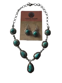 Tom Loy Navajo Kingman Turquoise and Sterling silver necklace and wire earrings set