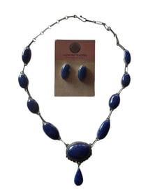 Old pawn Navajo Lapis and Sterling silver necklace and post earrings set