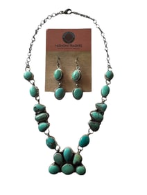 Ella Peters Kingman Turquoise and Sterling silver crescent necklace and wire earring set