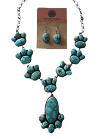 Navajo Kingman Web Turquoise and Sterling silver Cluster Drop necklace and wire earring set