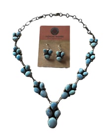 Louise Jim Navajo Golden Hills Turquoise and Sterling silver cluster necklace and wire earring set