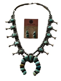 Bobby Johnson Royston Kingman and Carico Lake Turquoise Sterling silver Squash Blossom necklace set