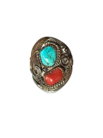 Old pawn Navajo Coral Turquoise with 14kt overlay and sterling silver ring size 10
