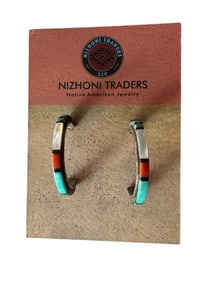 Old pawn Navajo Inlay Sterling silver hoop post earrings