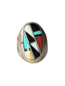 Old pawn Navajo Inlay Multi stone Sterling silver ring size 10.75