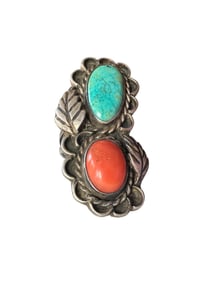 Old pawn Navajo Kingman Turquoise & Coral Sterling silver ring size 7