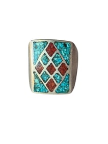 Old pawn Navajo Chip Inlay Turquoise & Coral Sterling silver ring size 8.5