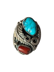 Old pawn Navajo Coral & Kingman Turquoise Sterling silver ring size 10