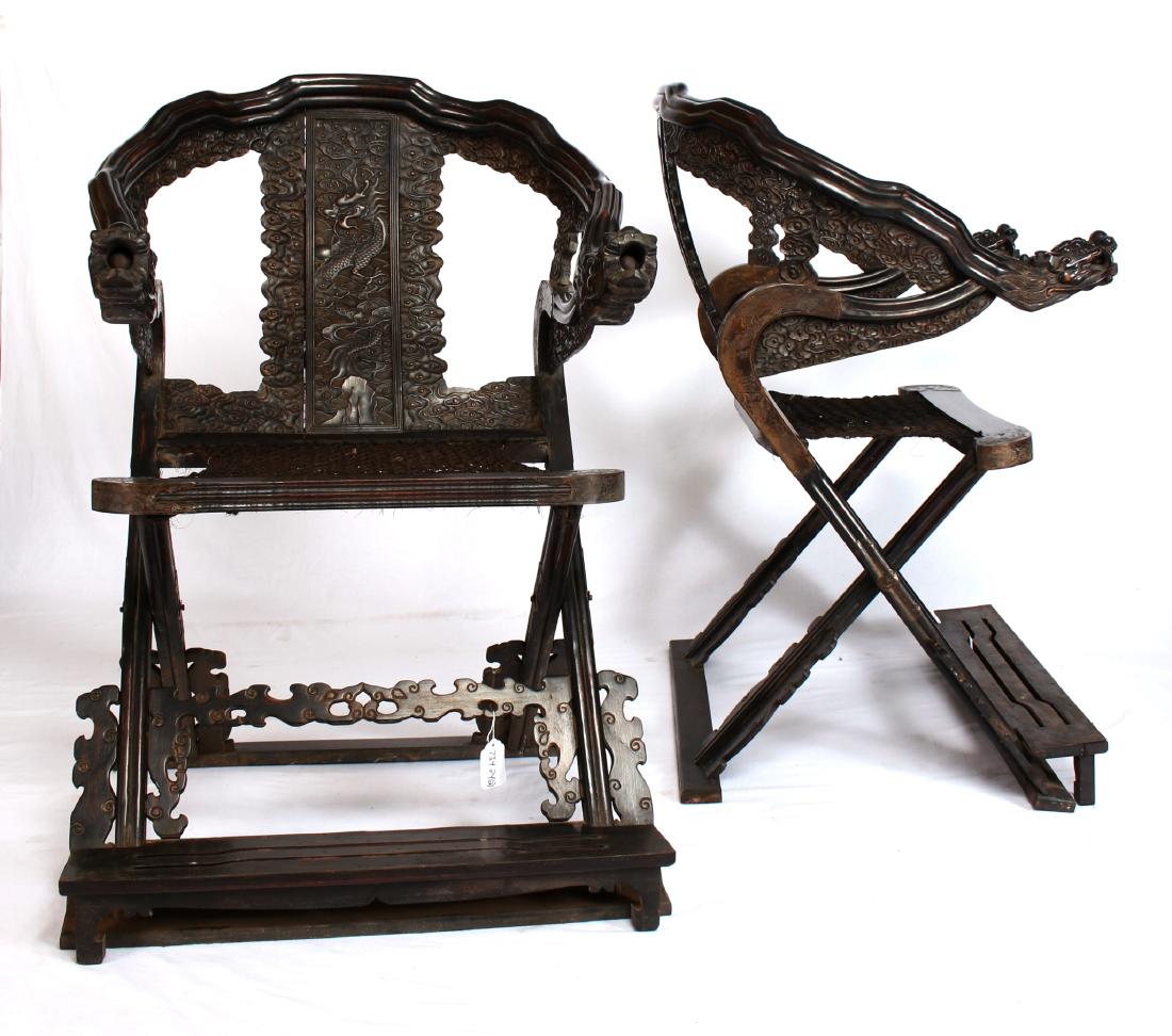 PAIR ZITAN DRAGON-ARMED "JIAOYI" FOLDING CHAIRS (1 of 10)