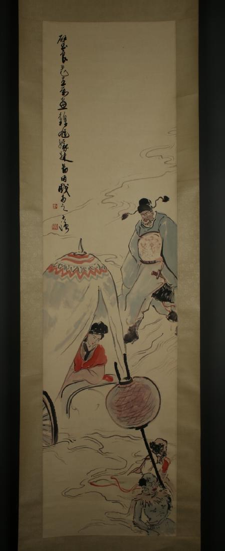 SCROLL OF A CARNIVAL SCENE: Scroll Of A Carnival Scene: A beauty peaks out from a brightly decorated cart. Jesters with lanterns and a warrior add to the scene. Calligraphy and artist seals on upper left.